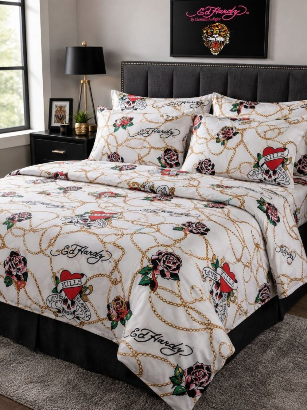 Ed Hardy King Sheet Set 6-Piece w/ 4 Pillowcases White Black Rose Skull - NEW